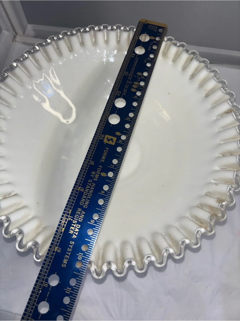 Fenton White Milk Glass Pedestal Bowl with Silver Ruffled Edge